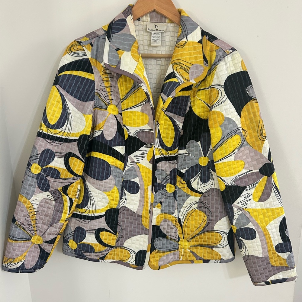 Travel Collection Blazer Women Large Yellow Quilted Open Front Floral Jacket VTG